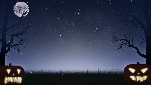 Halloween Night Background with Animated Jack-O'-Lanterns and Spooky Trees