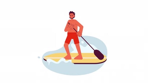 Indian man paddleboarding on lake cartoon animation