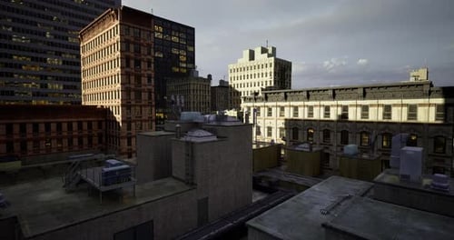 Paisaje urbano que muestra edificios en el crepúsculo de una ciudad bulliciosa