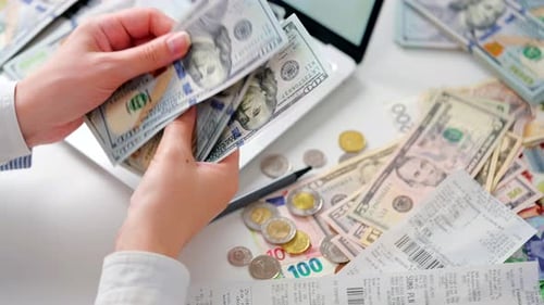 Mujer que calcula los gastos mensuales de la vivienda, los impuestos y el saldo de la cuenta bancaria