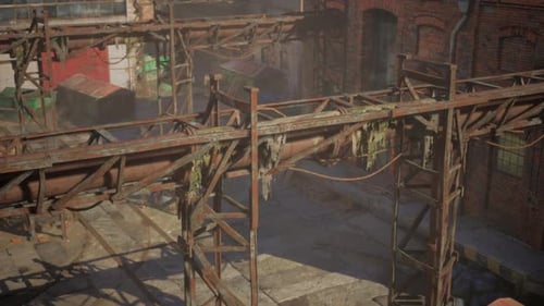 Abandoned Factory with Collapsing Brick Structures Overgrown with Time