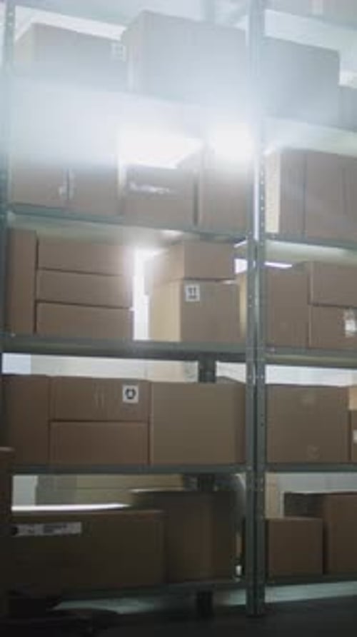 African American Sorting Center Employee Unloads Pallet Truck with Cardboard Boxes in Warehouse