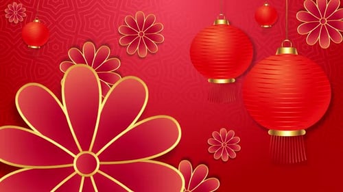 Festive Red Chinese Lanterns and Flowers Animated Background