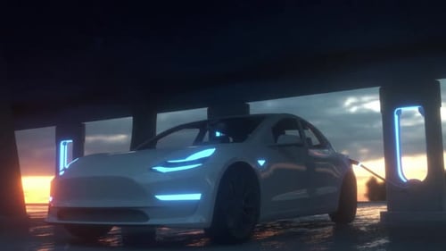 Charge station for electric cars. Electric car at charging station