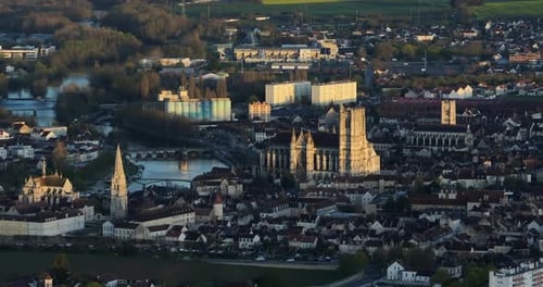 Aerial View of the Medieval City of Auxerre France Aerial View of the City Center and Rooftops The