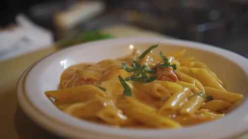 Freshly Cooked Creamy Penne Pasta Meal Served In A White Porcelain Bowl - close up, slow motion