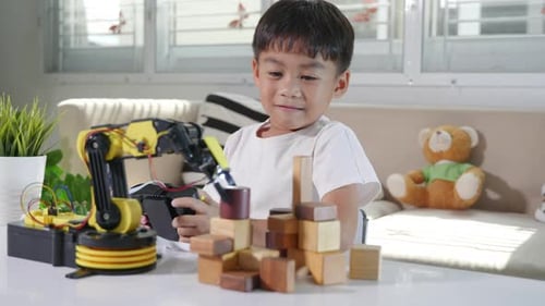 Boy Controlling a Robotic Arm with Wooden Blocks