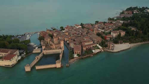 Aerial View of Sirmione Italy Featuring Scaliger Castle and Lake Garda