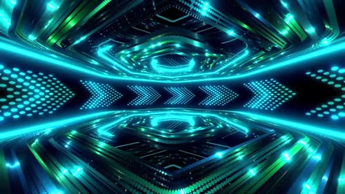 Cyberpunk Blue Neon Hexagon Tunnel with Glowing Arrows