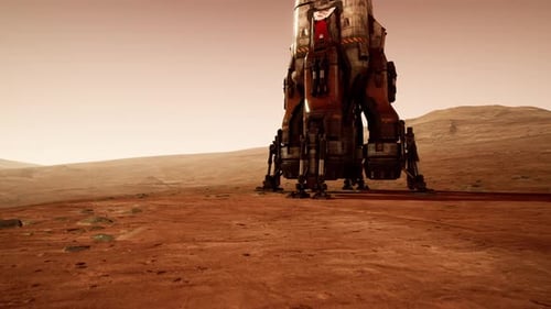 Martian Base Habitat on the Red Planet During Sunset with Robotic Equipment
