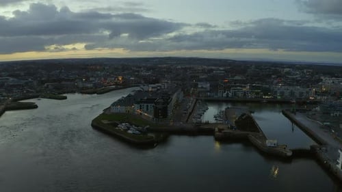Twilight Aerial Dolly Descending onto Galway Harbor