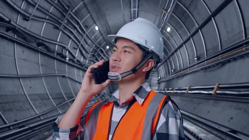 Close Up Side View Of Asian Male Engineer Talking On Smartphone In Subway Tunnel
