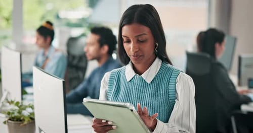 Media agency, tablet and woman in office, internet and copywriting with submission