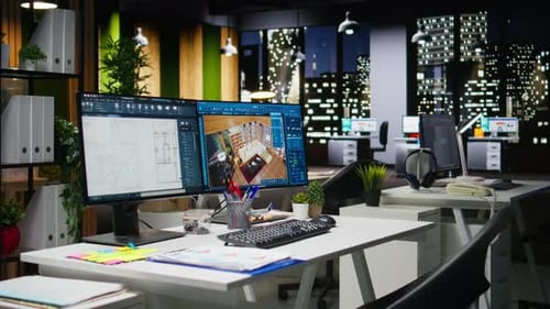 Professional Interior Design Workspace Showing Modern Computer Monitors