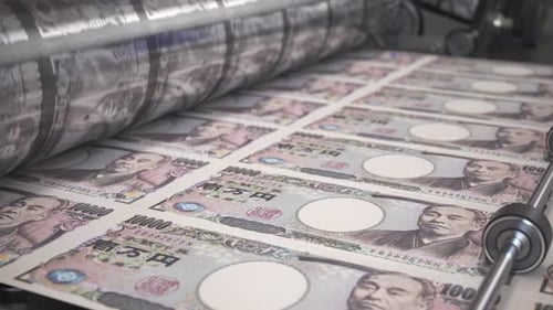Printing Money Japan Yen Bills on a Print Machine in Typography Looped 3d Animation