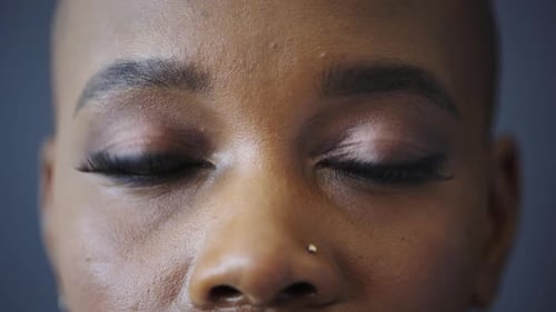Closeup, eyes and black woman with makeup for skincare natural beauty and smooth skin on studio