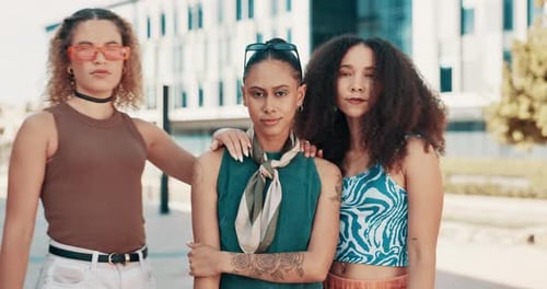 Fashion, style and face of friends in city on weekend in trendy accessories