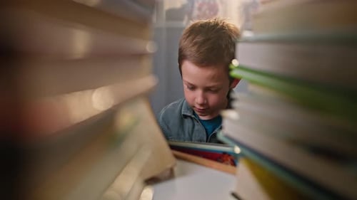 Child Smiles with Fuzzy Friend Between Book Stacks