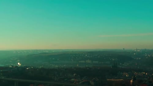 aerial view of winter Prague silhouette sunlight cold morning
