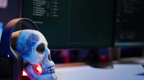 Extreme Nahaufnahme der Softwareschnittstelle auf PC-Bildschirmen mit Codezeilen
