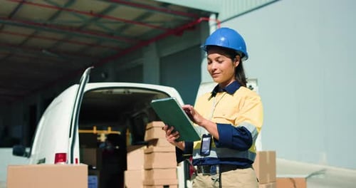 Warehouse Woman with Tablet Inspecting Cargo