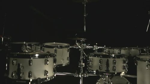 Drum Set Dark Studio. Set Drums. White Drumset on Dark Background. Musical