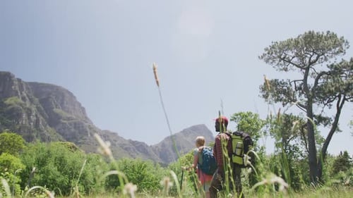 Hikers Exploring Mountainside on Sunny Day