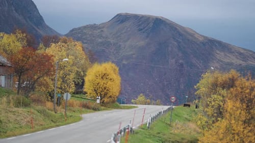A narrow road goes through the rural landscape. A high mountain with gentle slopes in the background