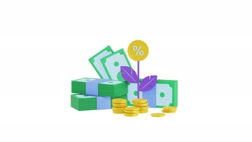 3D Animation of Financial Growth, Investment, and Percentage Gain