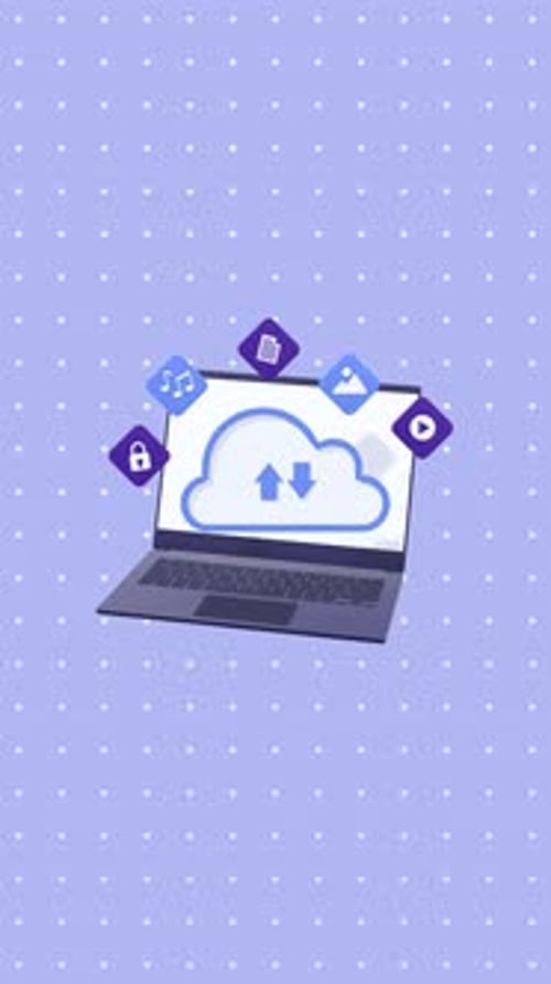 Vertical Animated Laptop With Cloud Storage Icons Representing Cloud Computing, Data Storage, Backup