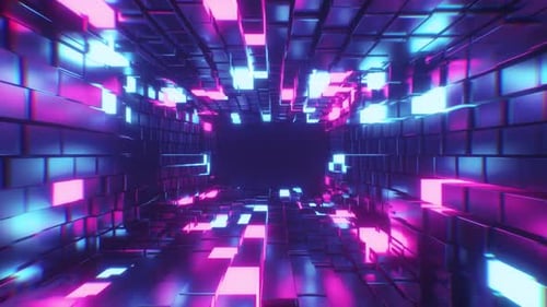 Neonglühende bunte Würfel mit fließendem VJ-Hintergrund