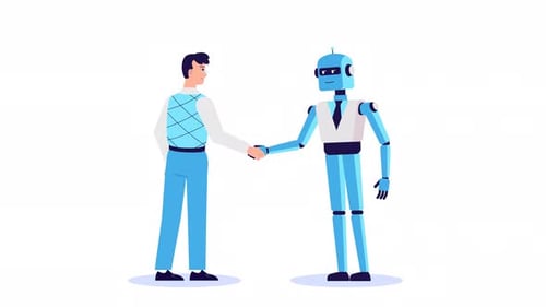 Man and robot shake hands animation. Interaction with artificial intelligence