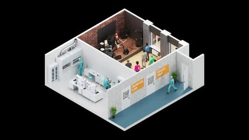 Laboratorio de Ciencias y Sala de Música en estilo isométrico 3D. Animación en bucle. Canal alfa