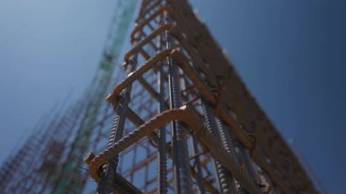 Reinforcement Steel Cage at Construction Site with Low Angle View