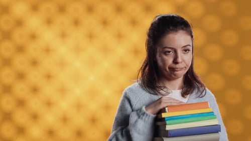 Sulky Lady with Stack of Novels Doing Thumbs Down Hand Gesturing