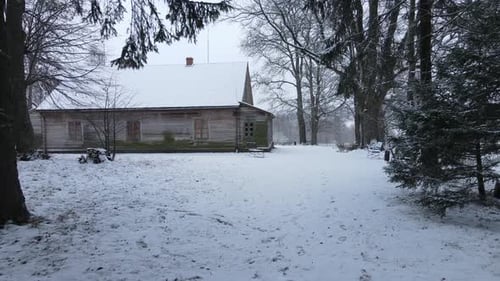 an Old Wooden Family House Surrounded By Large Ancient Trees Snowfall