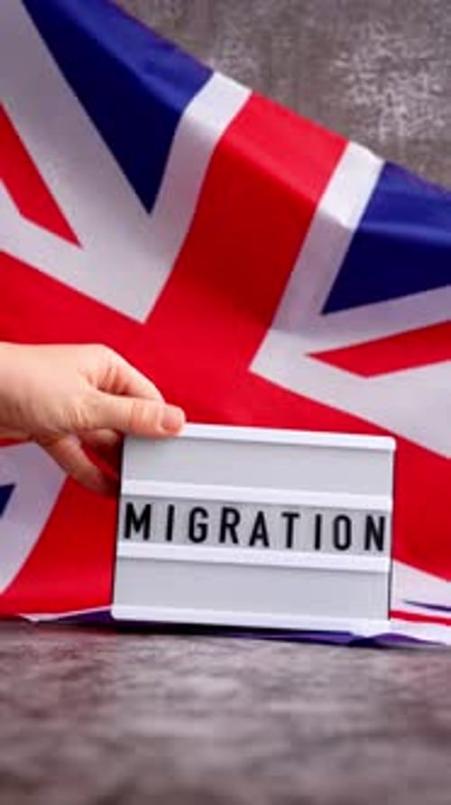 Caja de luz con texto MIGRATION Flow, símbolo nacional de Gran Bretaña, los británicos ondean la sedosa bandera del Reino Unido