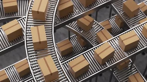 Cardboard boxes moving on warehouse conveyor belt system
