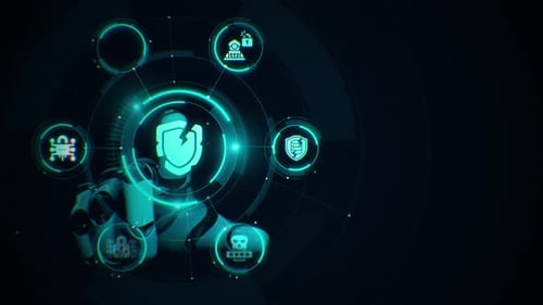 Data Breach Cyber Attack robotic touchscreen with headline and text area