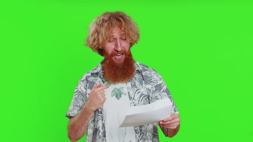 Happy Young Man Open Envelope Take Out Letter Reads Bank Loan Approve Great News Award Win