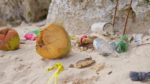 Garbage Left By Tourists on the Beach Plastic Bottles and Aluminum Waste