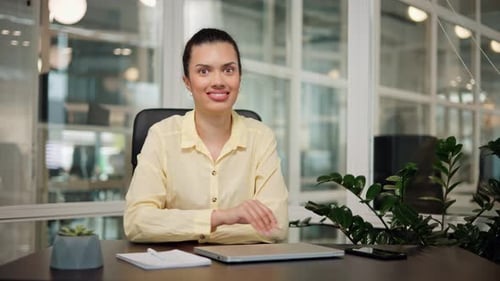 Female Office Worker Manager Finish Work Close Laptop Looking to Camera Smile