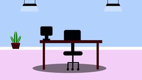 Ein minimalistisches Home-Office-Setup mit einem Holzschreibtisch, einem schwarzen Stuhl und einem Computerbildschirm