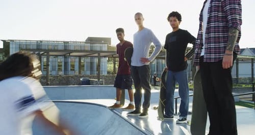 Friends, park ramp and people with skateboard for exercise, practice and hobby activity in city