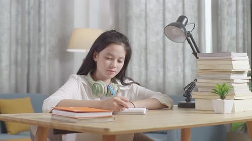 Asian Teenager Studying At Home, Asia Teen Writing While Sitting On The Table