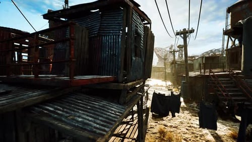 Abandoned Post-Apocalyptic Grunge Sci-Fi Settlement Fly-through