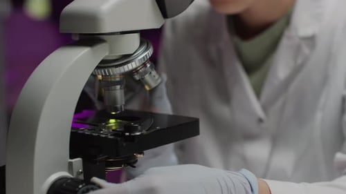 Asian Plant Biologist Adjusting Microscope during Research in Laboratory