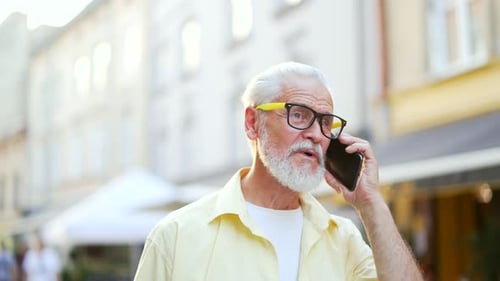 Close up. Senior stylish gray haired bearded man talking on smartphone while standing on a city