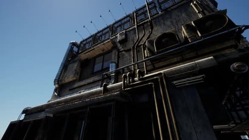 Industrial Building with Pipes and Air Conditioning Units Against Clear Sky