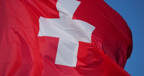Swiss Flag Waving in the Wind, Close Up
